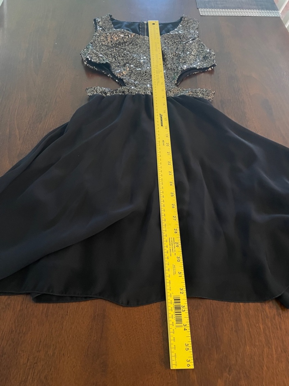 Vintage Black Gold Sequin Dress | Chiffon Skirt Side Cutouts | Small Extra Small - Picture 10 of 12